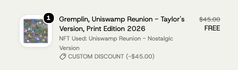 Order screenshot: Uniswamp Reunion print, $45, marked free
